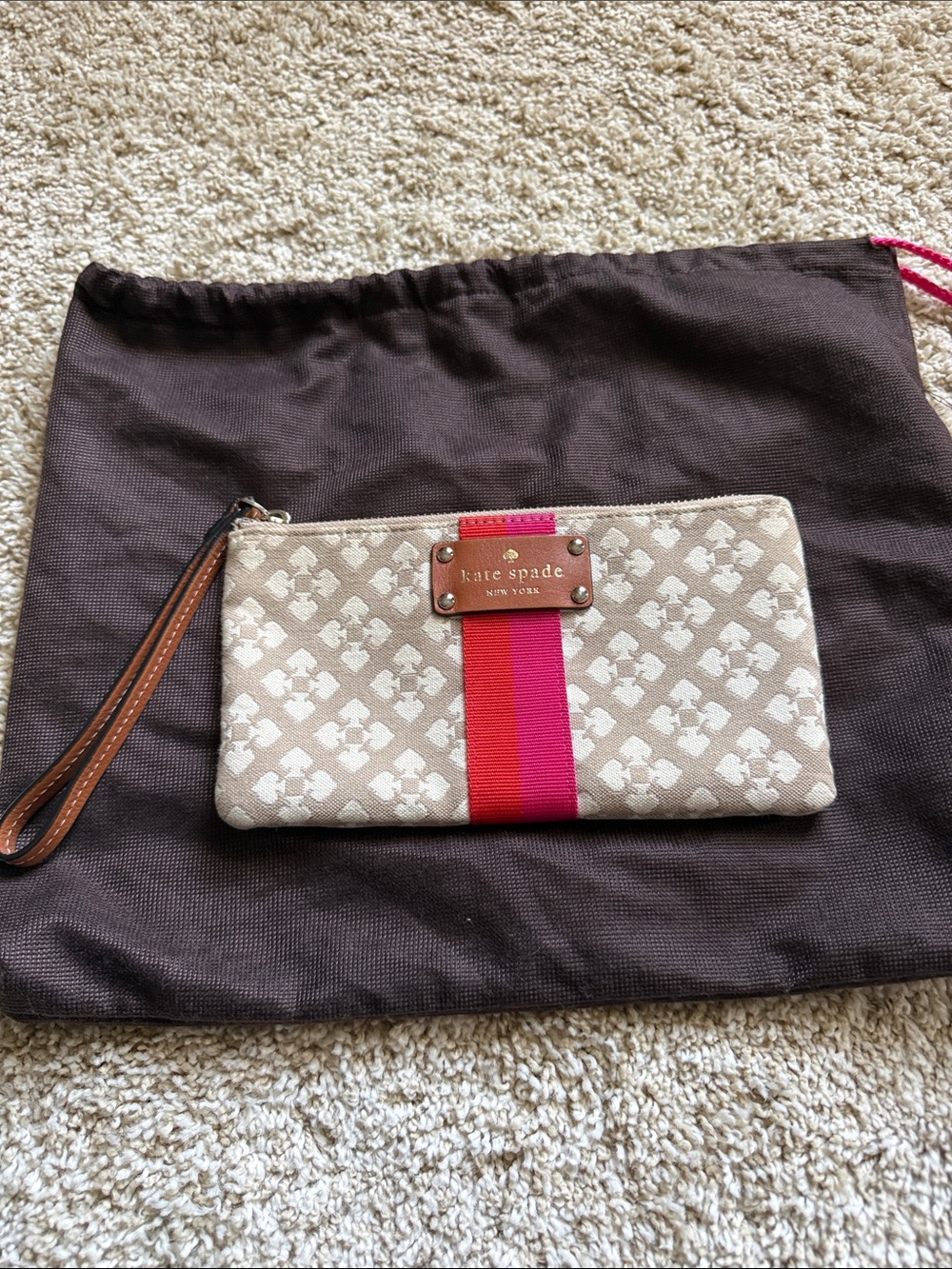 kate spade Beige Canvas Wristlet with Pink and Red Stripe